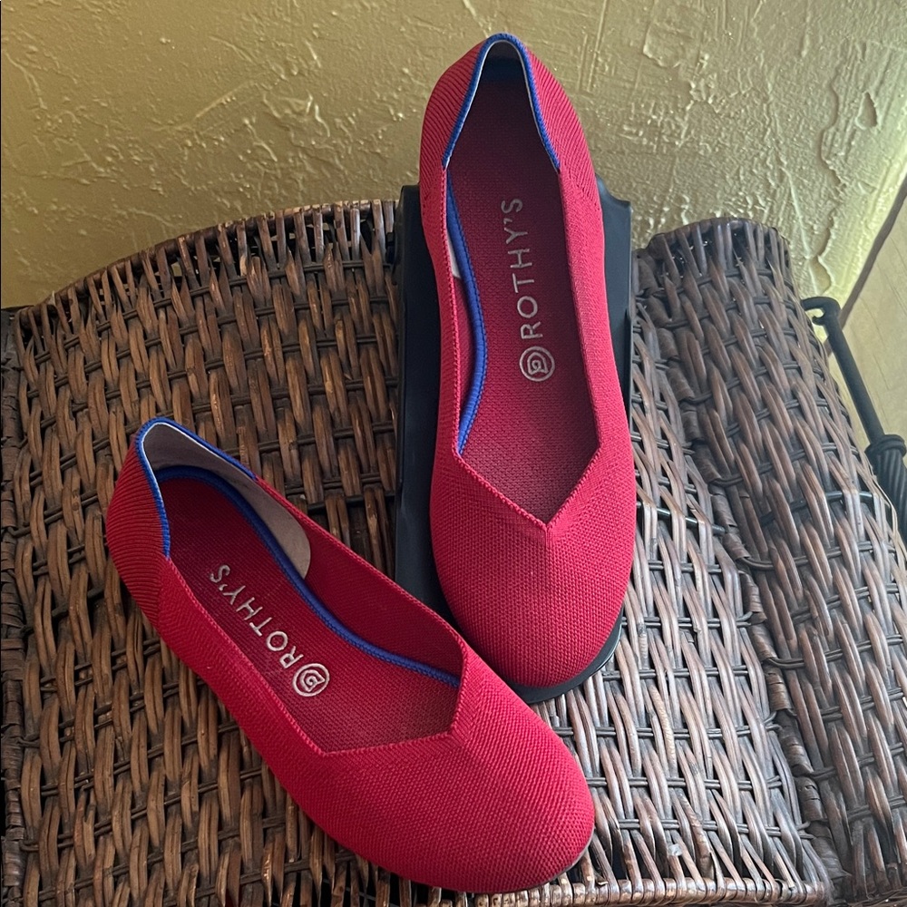 Rothy's Scarlet Red Flats with Blue Trim